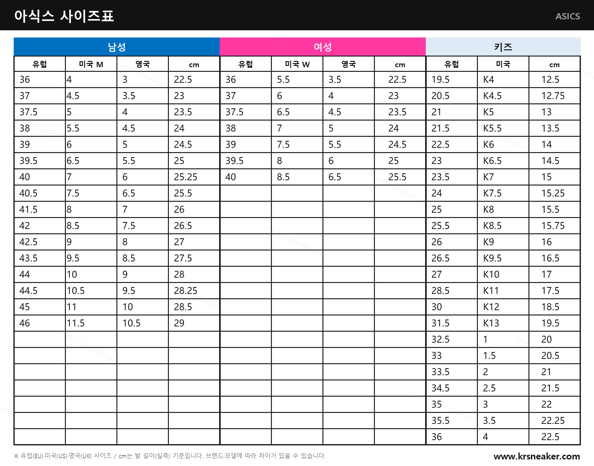 아식스 ASICS 사이즈표